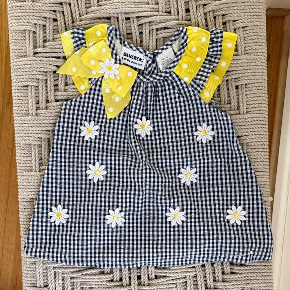 Blueberi Boulevard Gingham Daisy Outfit Set Girls 12M Top Ruffle Leggings Yellow